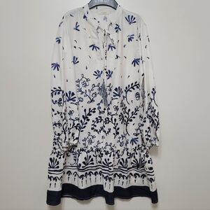 Nwt Sunday Up White And Blue Floral Tie Front Detail Longsleeve Dress
